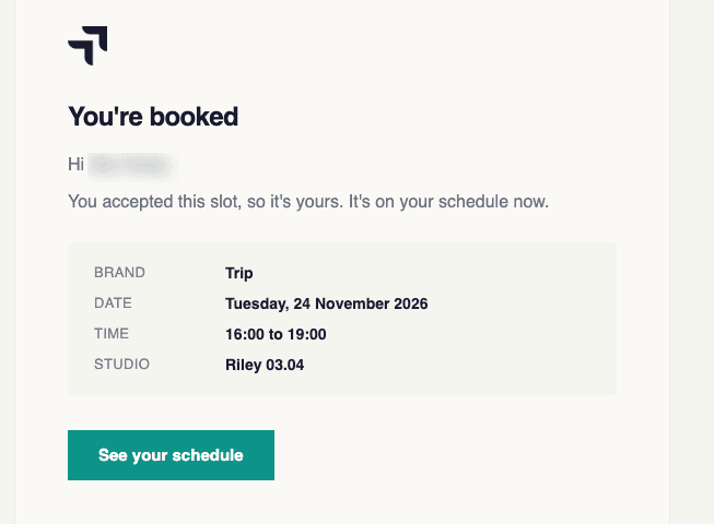 Example confirmation email: you're booked, with brand, date, time and studio