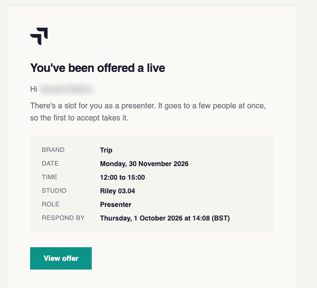 Example offer email: a live for Trip, with date, time, studio, role and a respond-by time